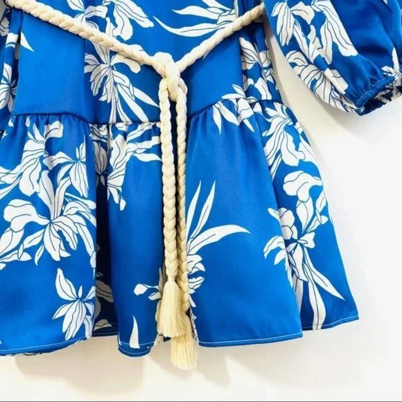 Alexis Blue Mini Dress XXS Floral Print Rope Belt Swing Long Sleeve Satin New - Picture 8 of 15